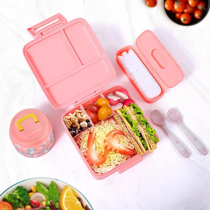 Bento Lunch Box for Kids With 8oz Soup Thermo,Leak-proof Lunch Containers with 5 Compartment,Thermos Food Jar and Lunch Bag, Food Containers for School (A-Pink(Fantasy Unicorn))
