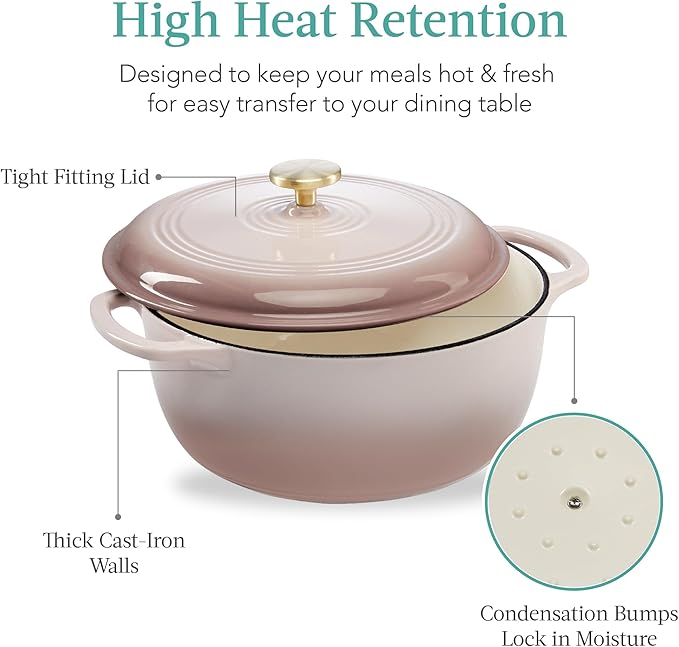 Best Choice Products 6 Quart Enamel Cast-Iron Round Dutch Oven, Family Style Heavy-Duty Pre-Seasoned Cookware for Home, Kitchen, Dining Room, Oven Safe w/Lid, Dual Handles - Mushroom Beige