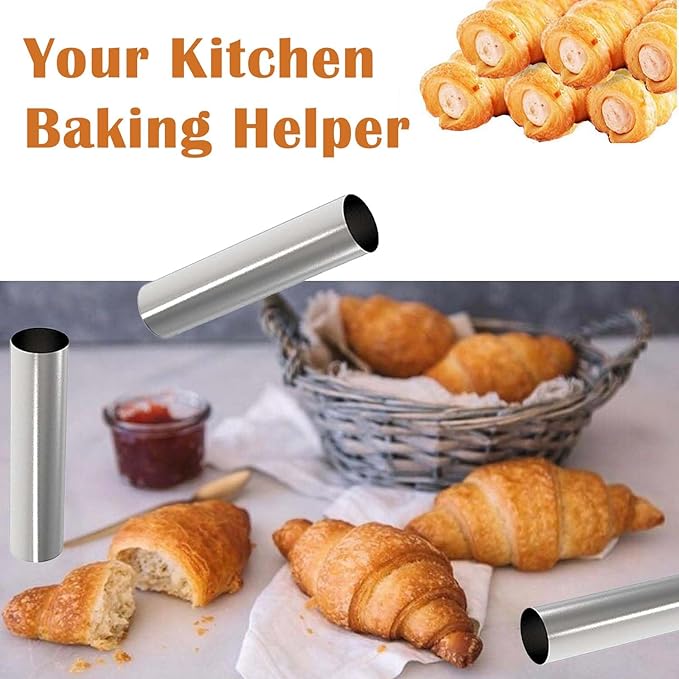 6 Pcs Non-stick Cream Horn Molds Stainless Steel, 4.92 inch Large Size Cannoli Tubes Kit Baking Cones Pastry Roll Horn Croissant Mold for Christmas Anniversary and Daily Use