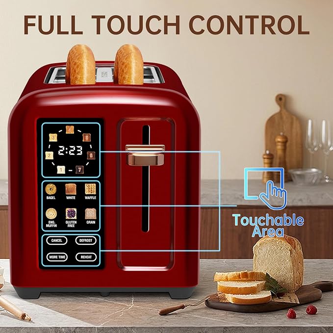 SEEDEEM Toaster 2 Slice, Touch Control Stainless Toaster LCD Display, 50% Faster Heating Speed, 1.4'' Wide Slots, More Timer Functions, Removable Crumb Tray, 1350W, Dark Cherry