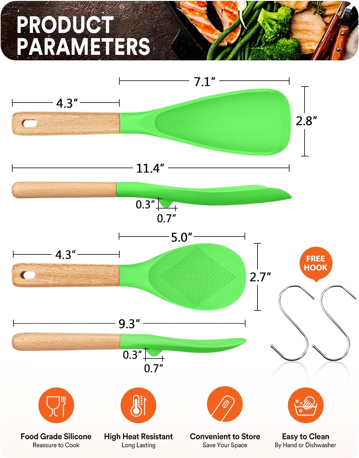 Cooking Spoon and Rice Scooper for Nonstick Cookwares, Great for Cooking and Serving Sturdy BPA-Free Matte Silicone, Wood Handle Spoon for Mixing, Scoop, and Scrape (Apple Green)
