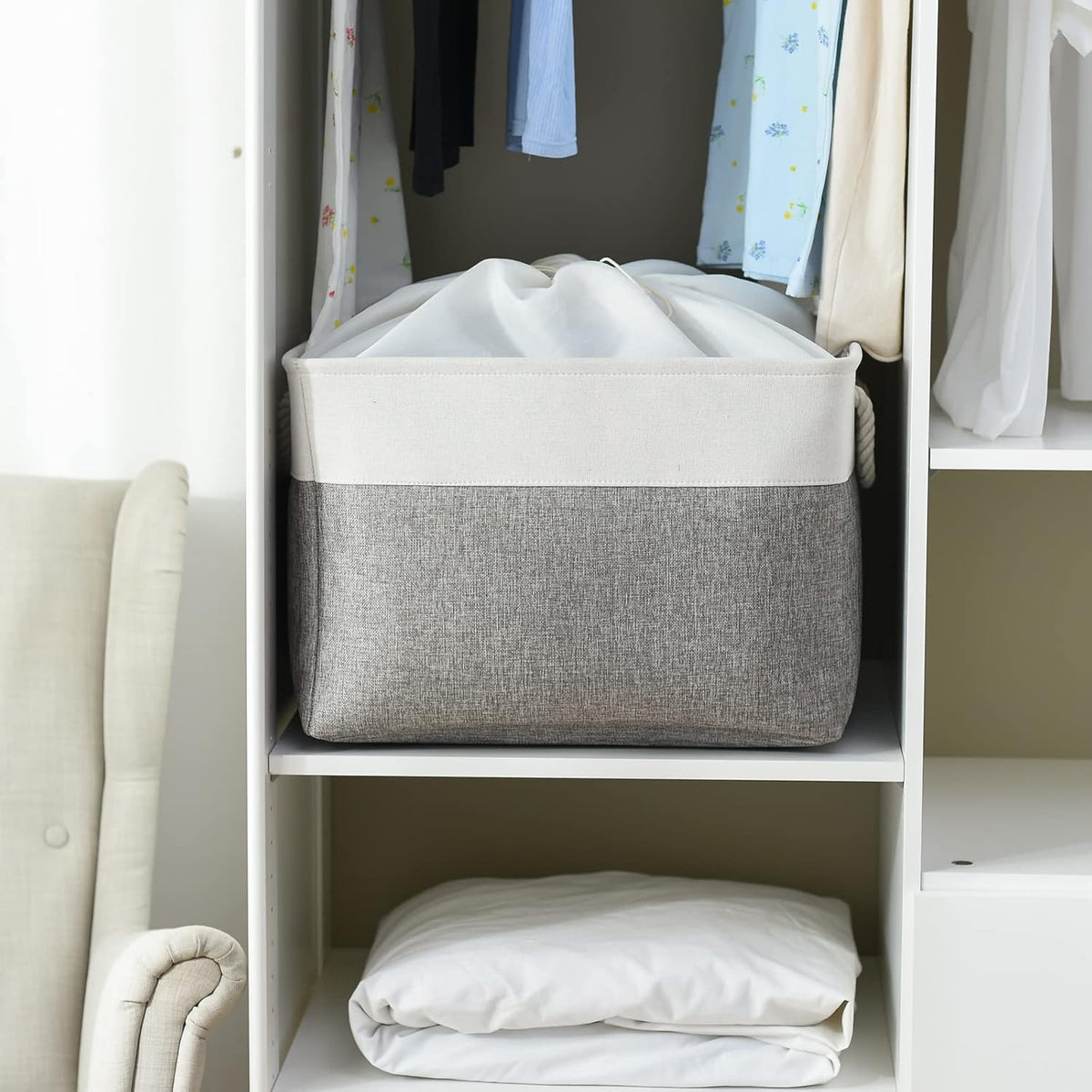 TheWarmHome Storage Bins Baskets for Organizing, 20.5L×15.7W×13.8H 3 Pack Sturdy Fabric Storage Basket W/Handles, Decorative Foldable Storage Baskets for Shelves Closet Nursery Toy (White & Grey)