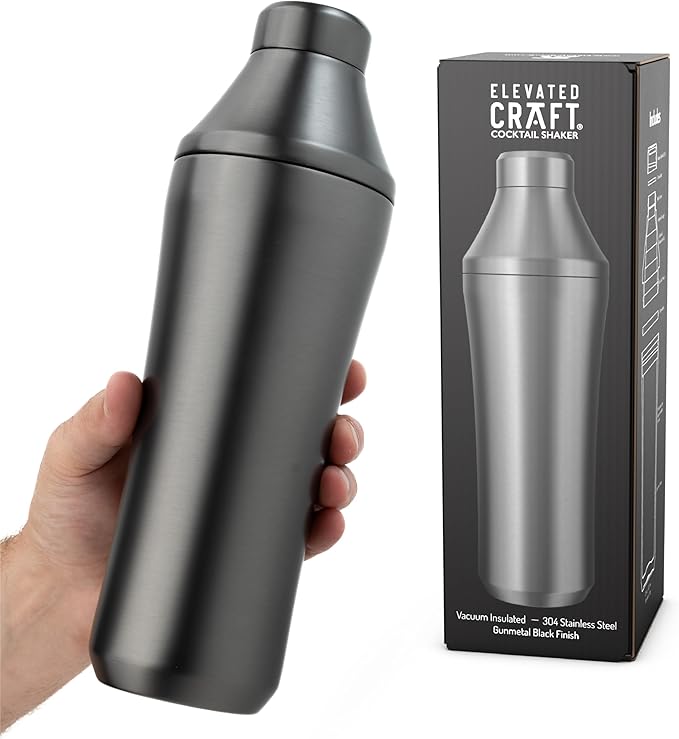 Elevated Craft Hybrid Cocktail Shaker - Premium Vacuum Insulated Stainless Steel Gunmetal Cocktail Shaker - Innovative Measuring System - Martini Shaker for the Home Bartender - 28oz Total Volume