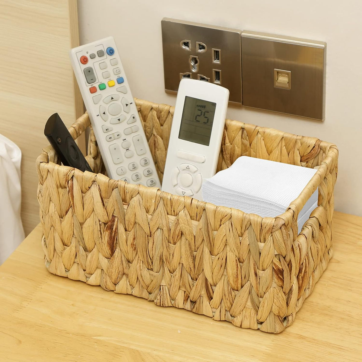 HOONEX Water Hyacinth Storage Baskets, Wicker Baskets for Storage, Hand Woven Baskets with Carry Handles, Set of 2, Natural
