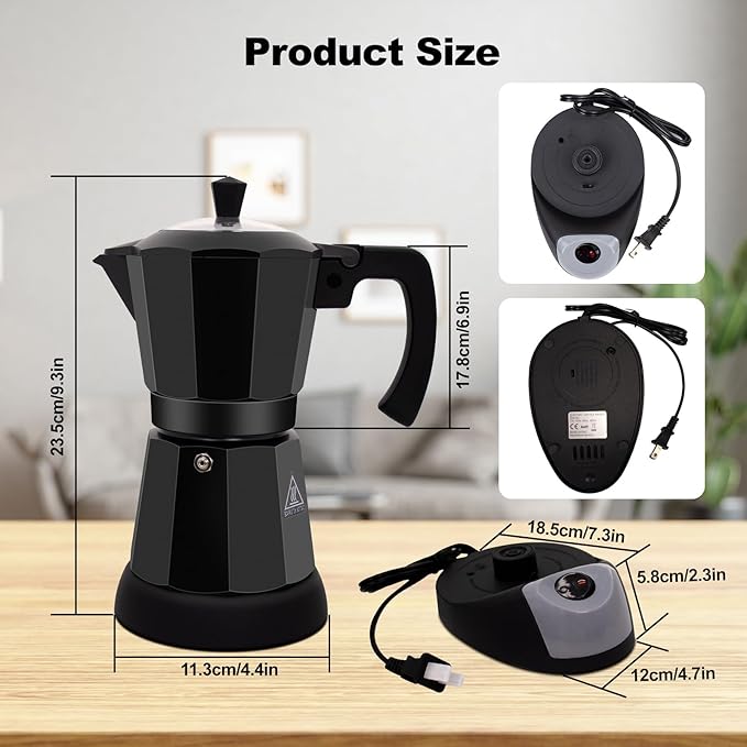 Electric Aluminum Moka Pot 5-6 Cup 270ml Espresso Maker with Detachable Base Ideal Coffee Makers for Home MochaPot Italian and Cuban Café Coffeemaker Espressomaker CoffeePot Black