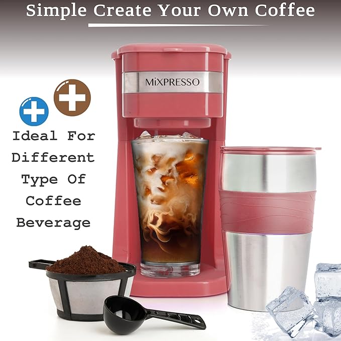Mixpresso Red Personal Single Serve Coffee Maker with 14oz Travel Mug, Drip Small Coffee Maker with Auto Shut Off, Reusable Filter, Works with Ground Coffee Only – Not for K-Cup Pods