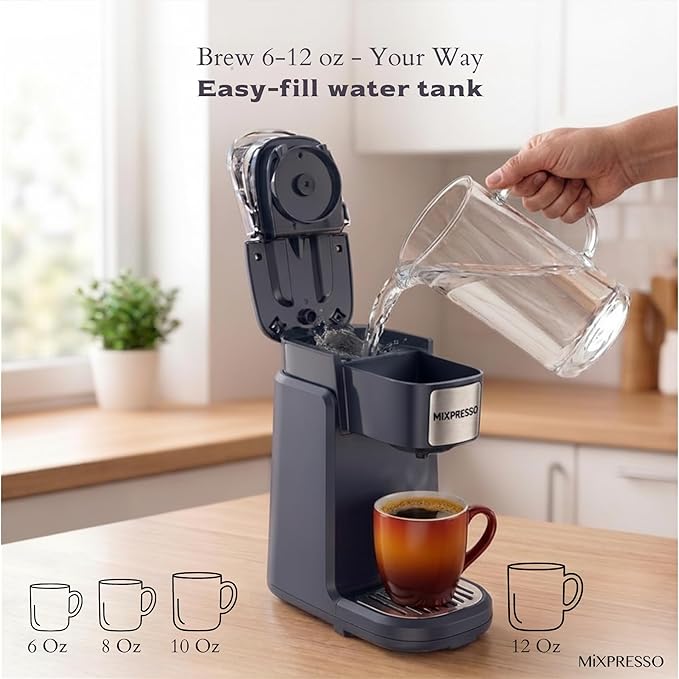 Mixpresso Single Cup Coffee Brewer - Quick Brew, One Touch Function, 12oz One Cup Grey Coffee Maker