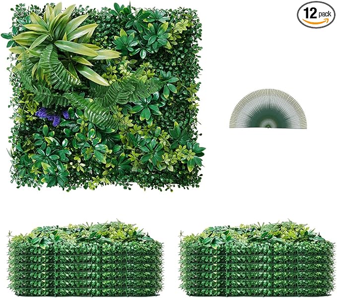 VEVOR Artificial Grass Wall Panels, 12 PCS 20 x 20 inch, 3D Combination Greenery Boxwood Panel for Indoor Outdoor Green Decor & Ivy Fence Covering, Privacy Backdrop Wall Hedge Screen for Garden