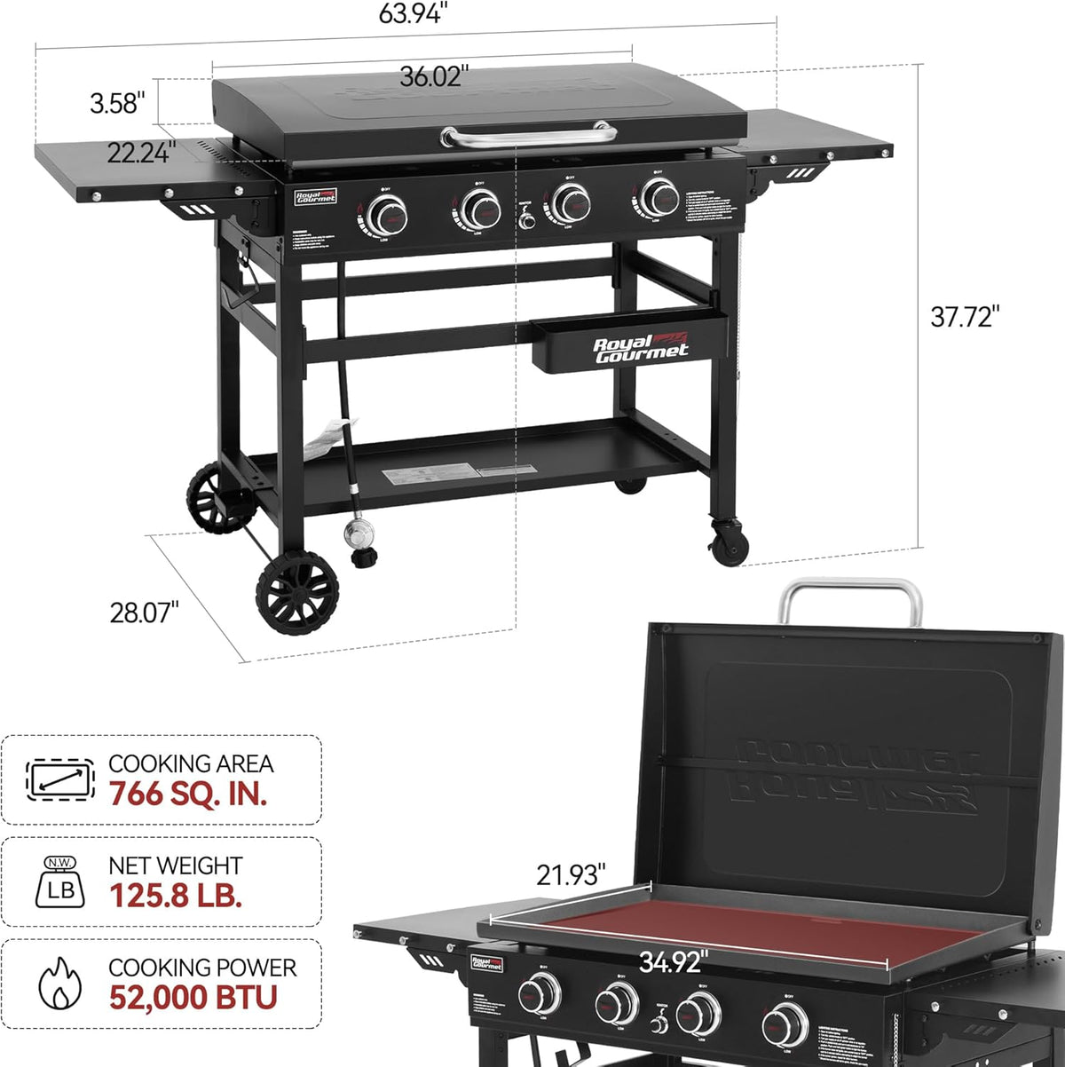 Royal Gourmet GB4000P 4 Burner Propane Gas Griddle with Hard Cover and Foldable Side Tables, 35-Inch Flat Top Grill with 766 Sq. In. Cooking Area for Backyard and Tailgating, Black