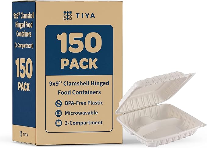 TIYA Clamshell Food Containers - 3-Compartment To-Go Containers - Microwavable Plastic with Hinged Lid - Great for Meal Prep (Bulk 150 Pack, White, 9x9 in) - BPA-Free