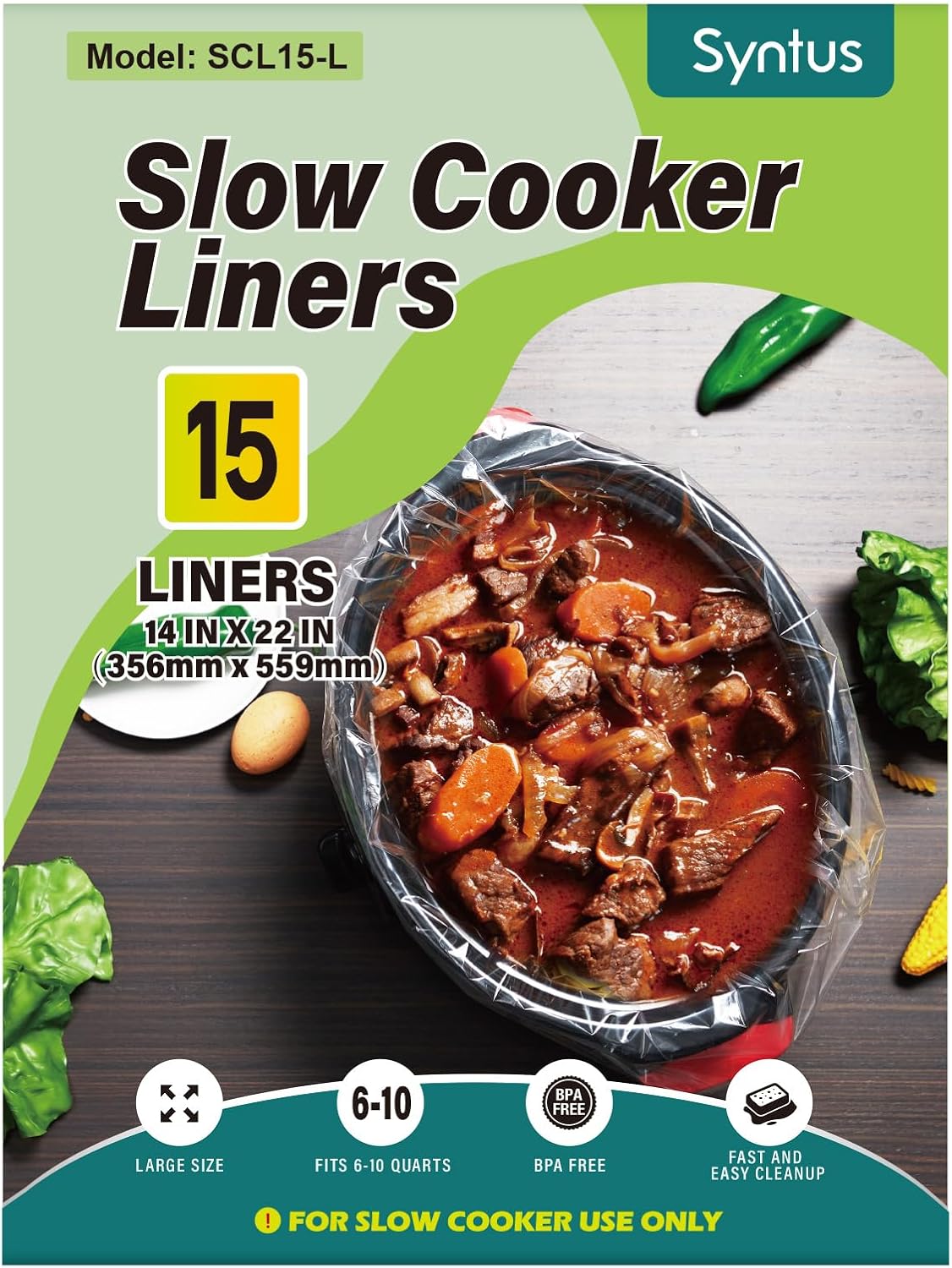 Syntus Slow Cooker Liners, 15 Count Cooking Bags Extra Large Size Disposable Pot Liners Plastic Bags, Fit 6QT to 10QT for Slow Cooker Cooking Trays, 14"x 22", 15 Liners
