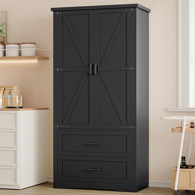 Pantry Organizers and Storage Cabinet, 71” Barn Door White Kitchen Cabinet with Drawers and Adjustable Shelf, Tall Pantry for Kitchen, Dining Room, Living Room. Bathroom and Office