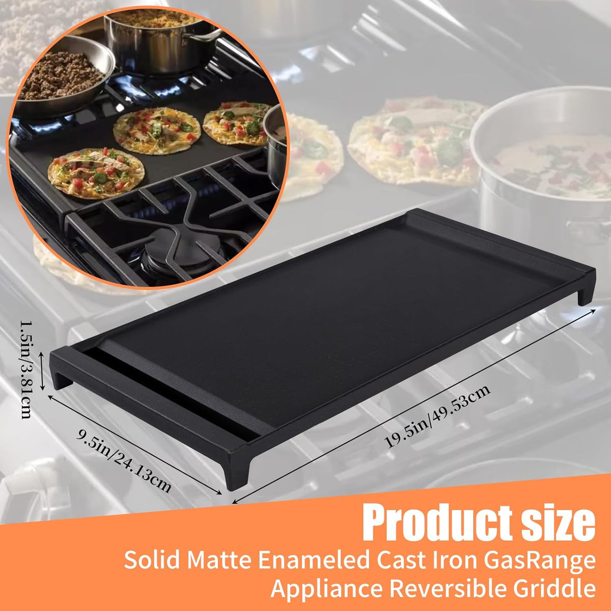 Upgraded Cast Iron WB31X24738 Griddle Replacement for GE Stove – Center Griddle Pan WB31X24998, 19.5"x9.5" Cooktop Griddle Plate, 2pcs Luffa Sponge, Nonstick Flat Top