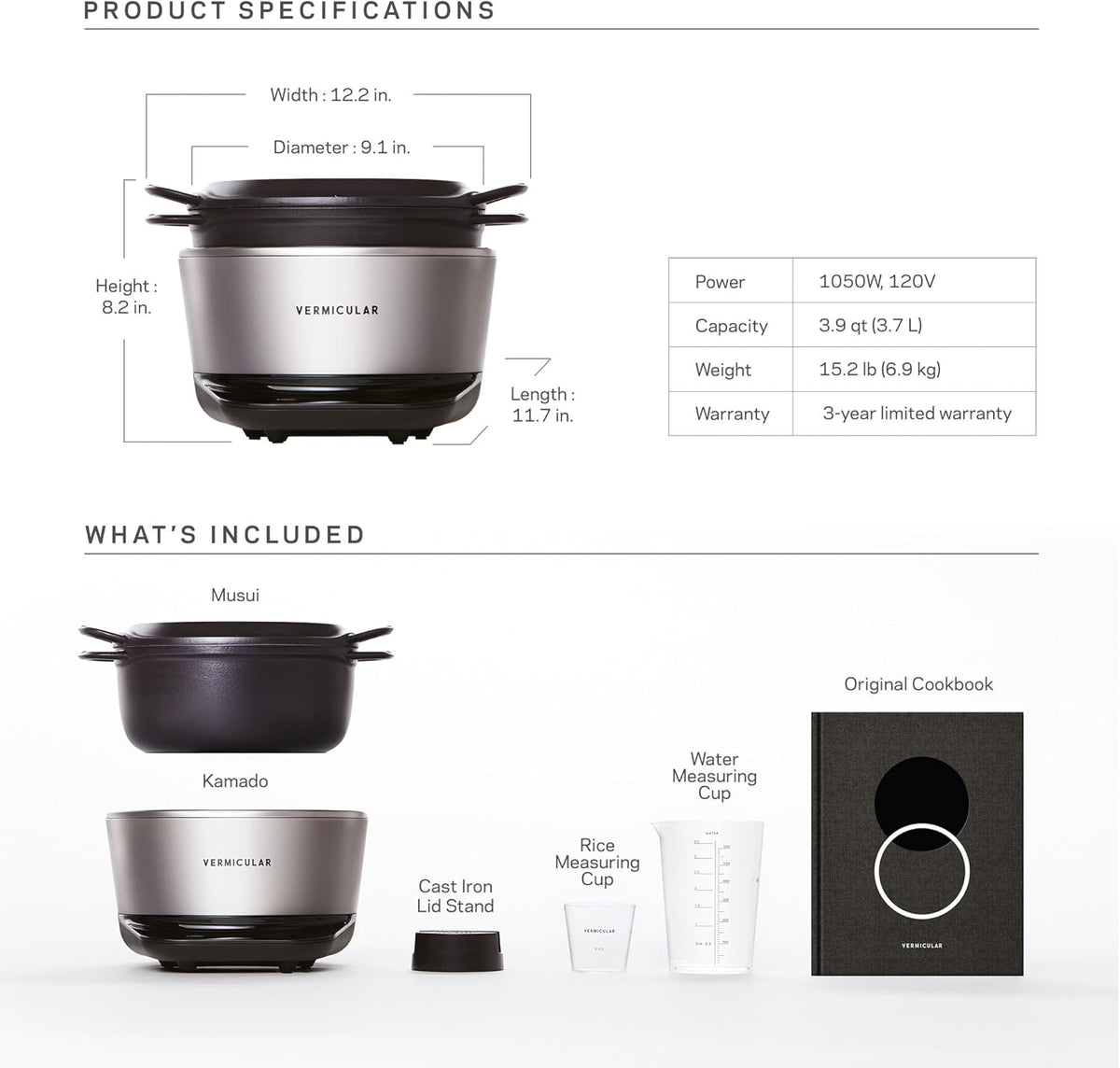 Vermicular Musui–Kamado (RICEPOT) | Cast Iron Induction Cooker | Precision Multicooker | Japanese Rice Cooker | Slow Cooker | Non-Toxic Enameled Cast Iron Pot | Charcoal | US Model (120V)