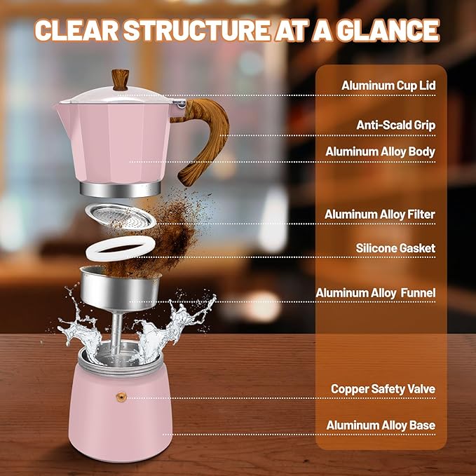 6 Cup Aluminum Espresso Stovetop Moka Pot Express Coffee Maker Percolator Italian Classic Mocha Coffee Machine for Italian and Cuban Cafe Brewing for Home & Camping 300ml 10oz