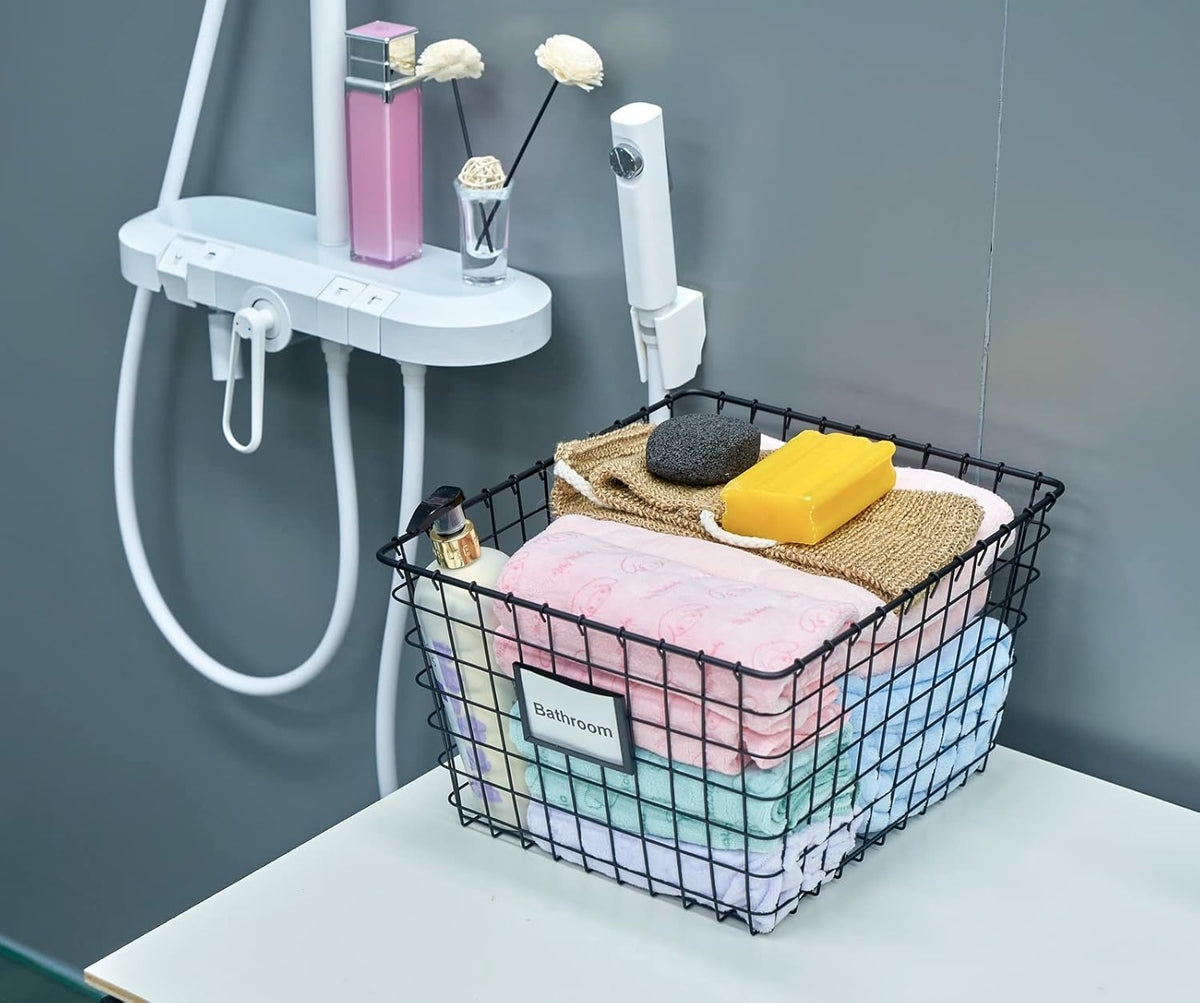 4 Pack【Extra Large】 Wire Handmade Storage Basket for Organizing Household Goods,Pantry Organization,Bathroom countertop,Laundry,Wardrobe Storage Basket,Black