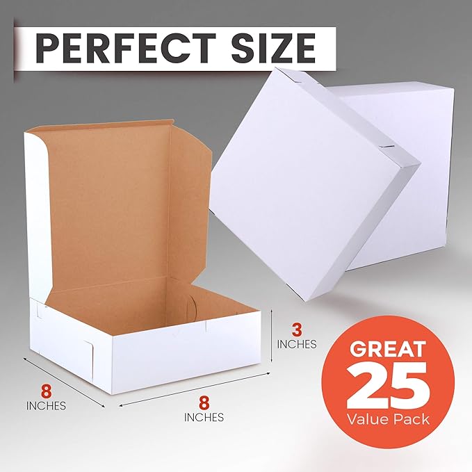 Fit Meal Prep [25 Pack] Pastry Boxes 8x8x3 White Bakery Box for Cookies, Compostable Kraft Paper Cardboard for Baked Goods Packaging, Cake, Food, Donut, Cupcake, Candy, Bread, Bridesmaid Gift Box