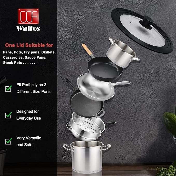 Walfos Universal Lid for 9", 10" and 10.5" Diameter Cookware, Fits Pots, Pans and Skillets - Walfos Tempered Glass Pan Lid with Heat Resistant Silicone Rim, BPA Free Pot Lids, Dishwasher-Safe, Black