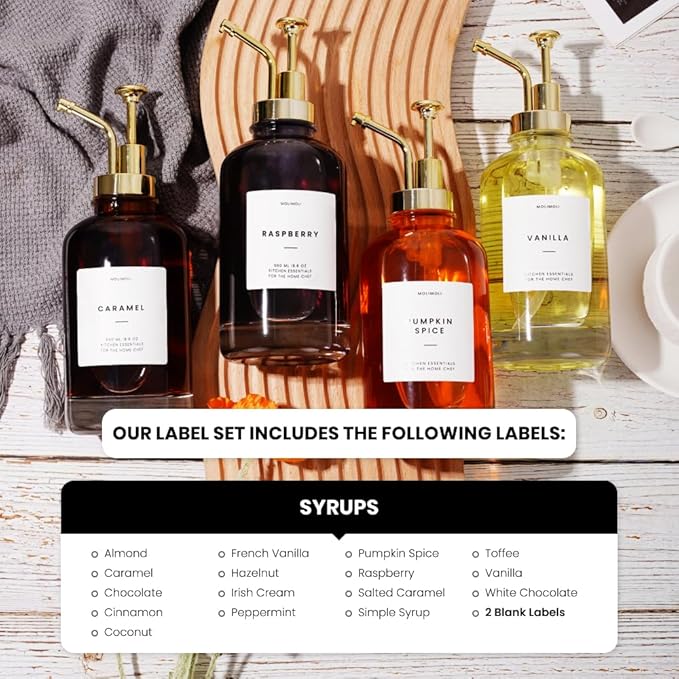 Molimoli Coffee Syrup Dispenser for Coffee Bar, Coffee Pump Dispenser, Glass Syrup Bottle w. Pump, Maple/Coffee Syrup Bottles, Set of 4 w. Labels, Gold