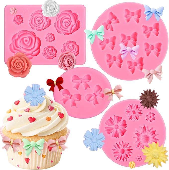 Pimoys 4 Pcs Flower&Bow Molds for Chocolate, Flower Chocolate Molds Silicone Cake Mold Bow Candy Mold Silicone for Wax Melts Birthday Cake Decoration Easter Gifts for Women
