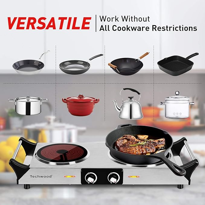 Techwood Electric Stove, Double Infrared Ceramic Hot Plates for Cooking, Two Control Cooktop Burner, Portable Anti-scald handles Suitable for Office/Home/Camp Use, 1800W Compatible for All Cookwares