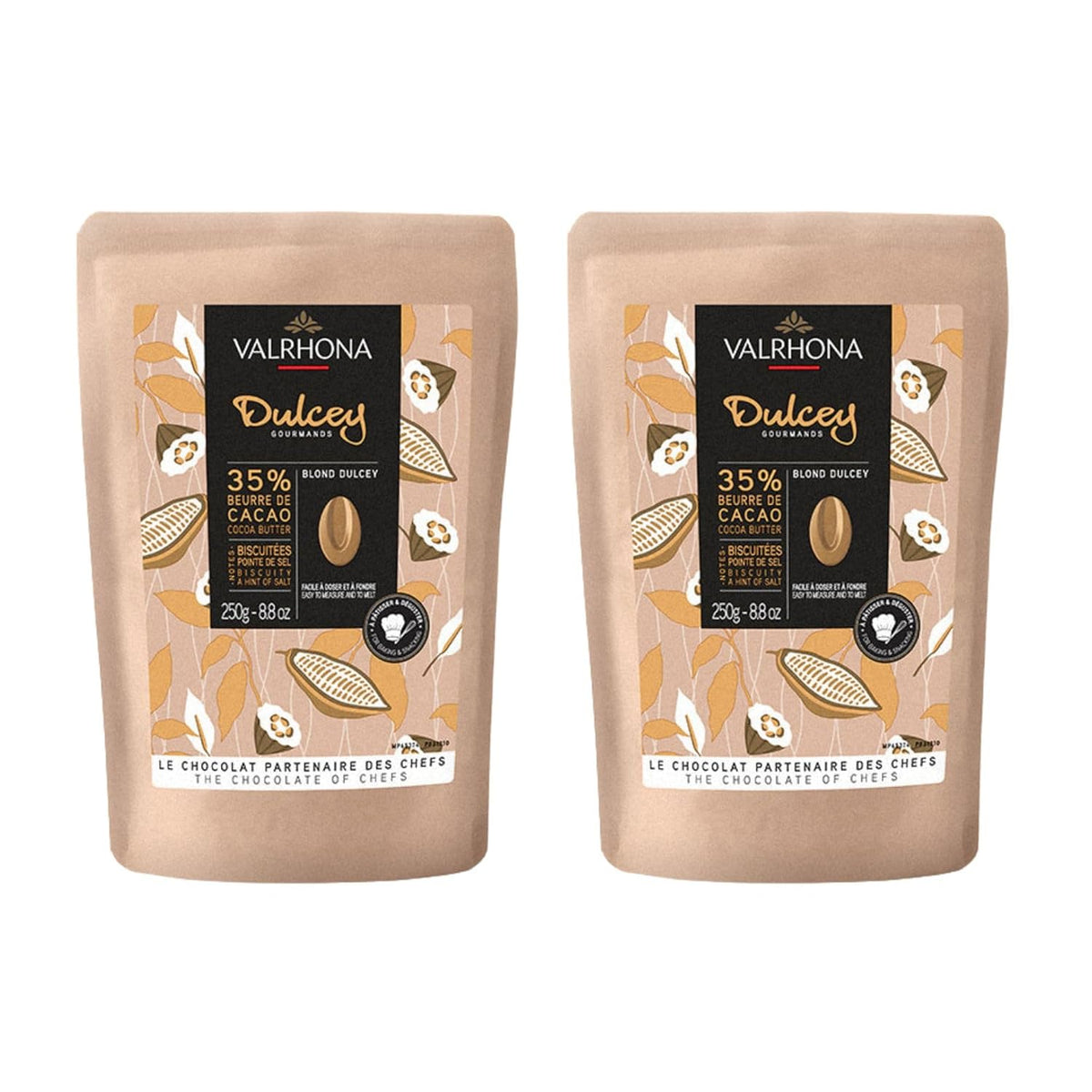 Valrhona Premium French Baking Blonde Chocolate Discs (Feves). DULCEY 35% Cacao. Creamy, Caramel Cookie Flavor Notes. Easy Melt & Tempering. Creamy, Balanced, For Luscious Frostings. 250g (Pack of 2)