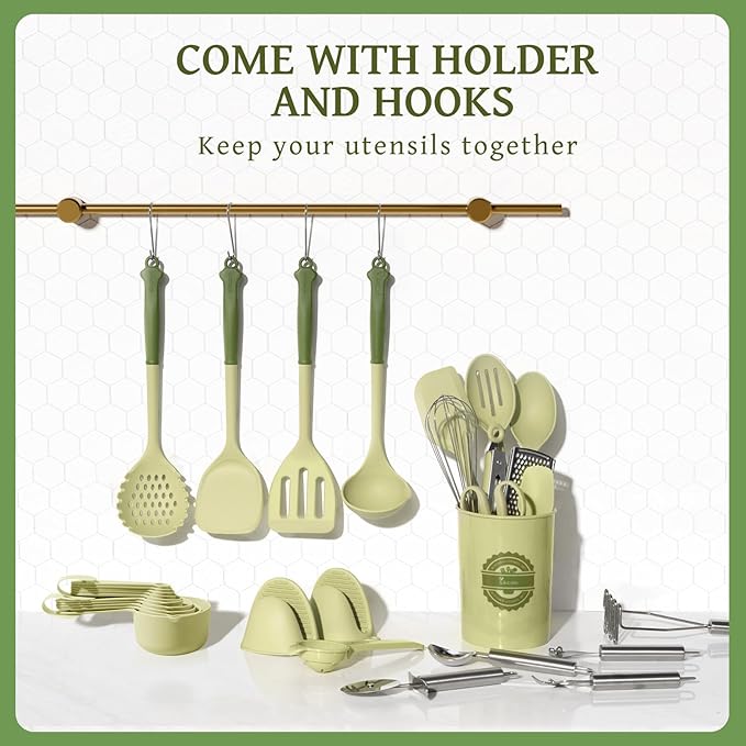Kikcoin 43Pcs Kitchen Utensils Set - Silicone Cooking Utensil Set, Dishwasher Safe Spatula for Non-stick Cookware, 446°F Heat Resistant Kitchen Gadgets with Holder BPA Free, Avocado Green