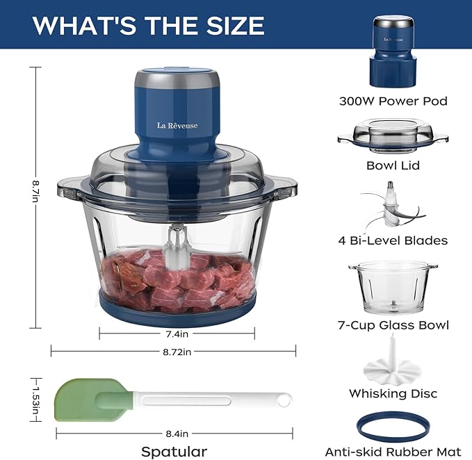 La Reveuse Food Processor,Electric Food Chopper with 7-Cup (1.7L) Glass Bowl, 4 Bi-Level Blades for Chopping,Grinding,Mincing,Whisking,Meal Prep,300W,Blue