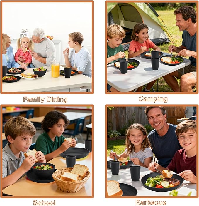 Wheat Straw Dinnerware Sets, Unbreakable Kids Plates and Bowls Sets 20-Piece Service for 4, Alternative Plastic Outdoor Camping Dishes, Microwave & Dishwasher Safe - Black