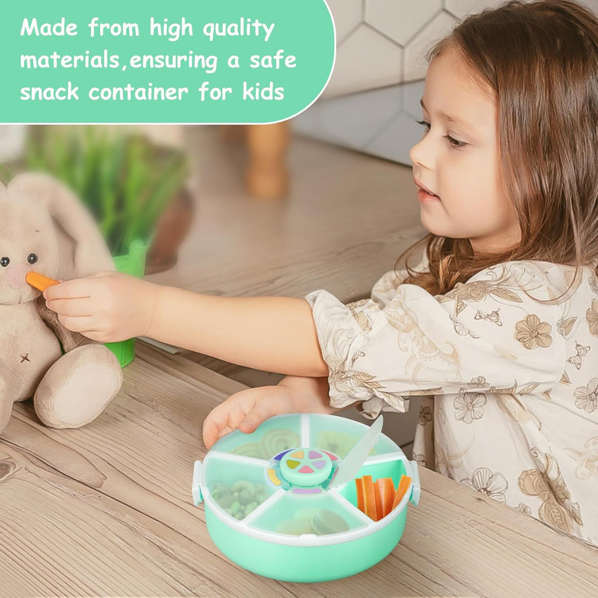 Kids Snack Spinner – Reusable Snack Container with 5 Compartments & Lid, BPA/PVC-Free, Dishwasher Safe, Perfect for Travel, School Lunches & On-the-Go Snacking, Green
