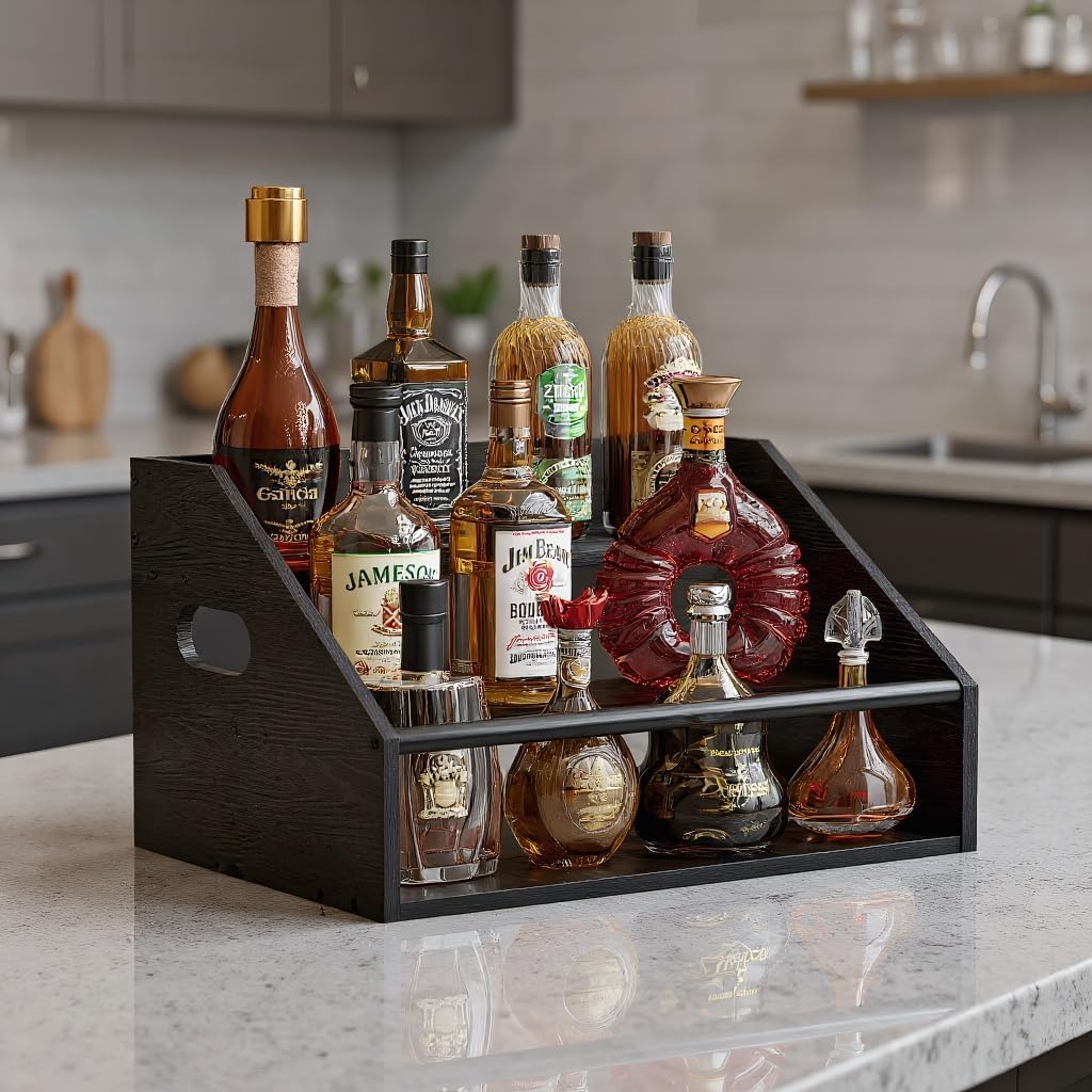 2Pack 3 Tier Wood Liquor Bottle Display Shelf, Coffee Syrup Organizer Rack, Wine Racks Countertop, Bar Shelf for Vodka Tequila Whiskey, Liquor Cabinet for Home Decor, Mini Bar, Black Bar Organizer