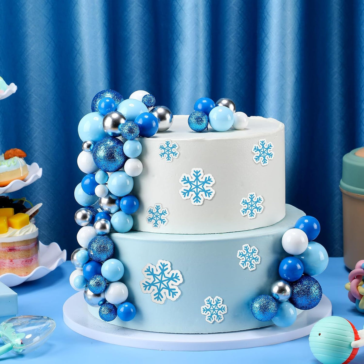 Tondiamo 108 Pcs Balls Cake Topper DIY Cupcake Insert Foam Balloons for Cake Baking Wedding Anniversary Birthday Decoration (Blue White Silver,Multi Sizes)