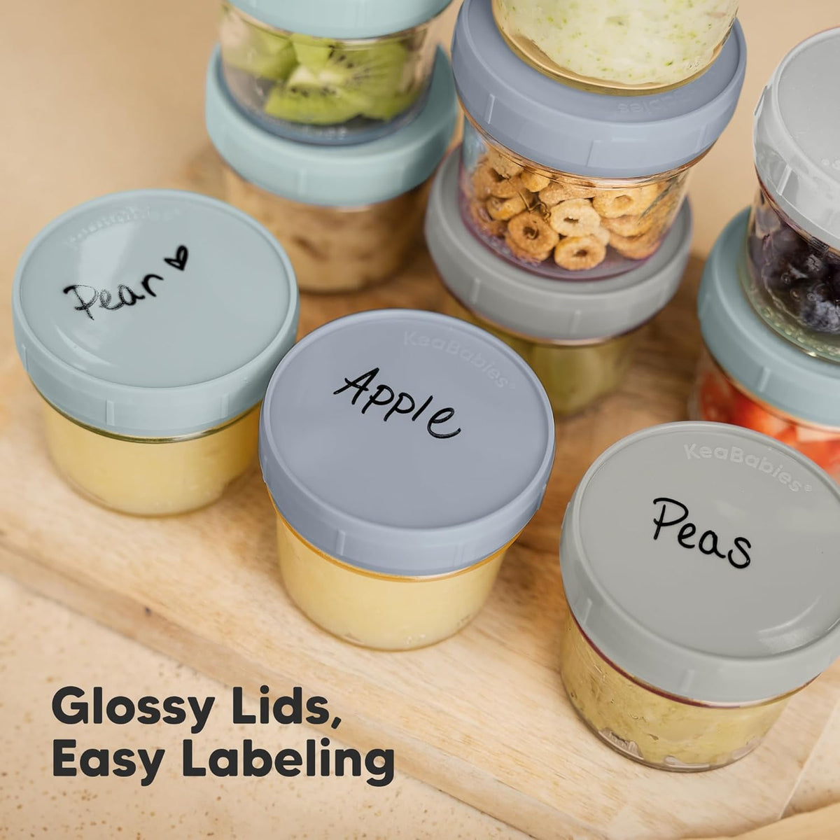 KeaBabies 12pk 4oz Glass Baby Food Containers with Lids - Leak-Proof, Microwavable Small Glass Jars, Baby Purees & Toddler Snack Storage Containers, BPA-Free, Dishwasher & Freezer Safe (Slate)