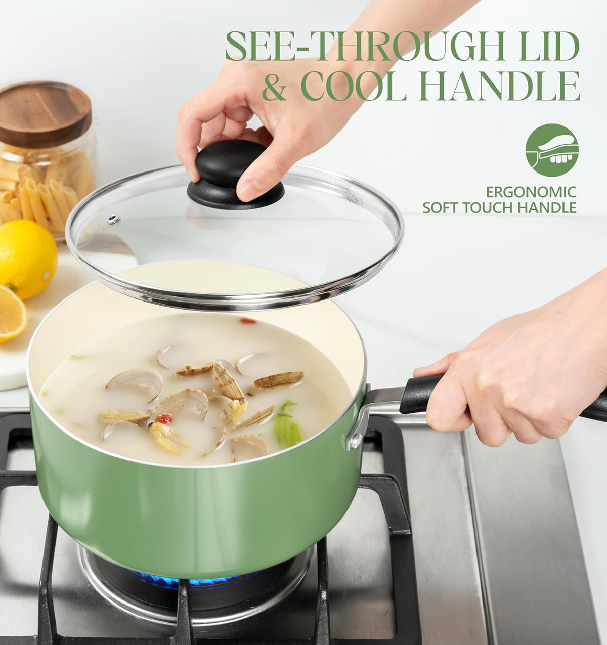 MICHELANGELO Nonstick Sauce Pan with Lid, Ceramic Saucepan Set, Non Toxic Small Saucepans Sets with Stay-Cool Handle, Induction Pots For Cooking, PTFE & PFOA Free - 1Qt & 2Qt & 3Qt, Green
