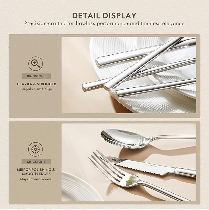 KINGSTONE Silverware Set with Steak Knives, 36-Piece Forged Flatware Set Cutlery Set Premium Stainless Steel, Service for 6, for Kitchen, Home, Wedding, Party, Mirror Polished and Dishwasher Safe