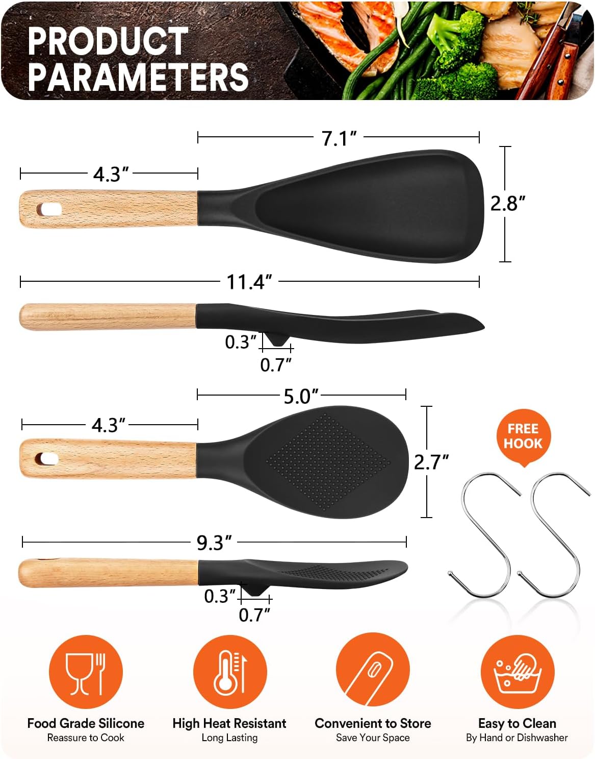 Cooking Spoon and Rice Scooper for Nonstick Cookwares, Great for Cooking and Serving Sturdy BPA-Free Matte Silicone, Wood Handle Spoon for Mixing, Scoop, and Scrape (Black)