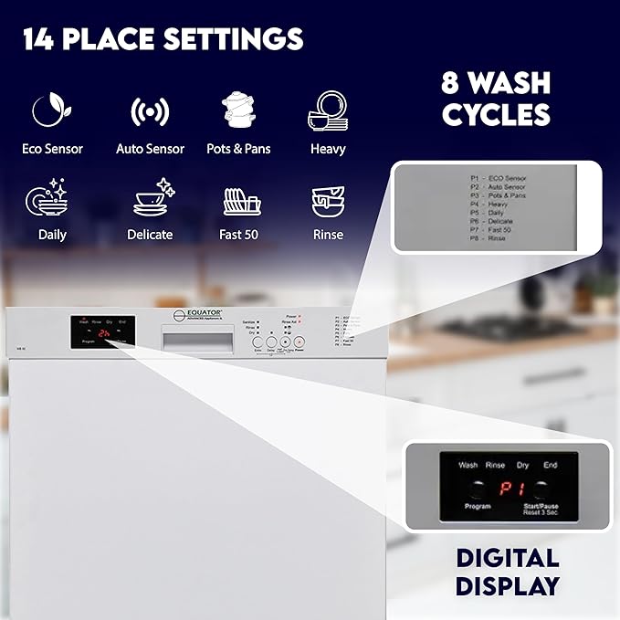 Equator24" Built in Dishwasher 14 Place Setting Wine Rack 8 Wash FAST 50 Delay1/2Load 110V E-Star ADA in White