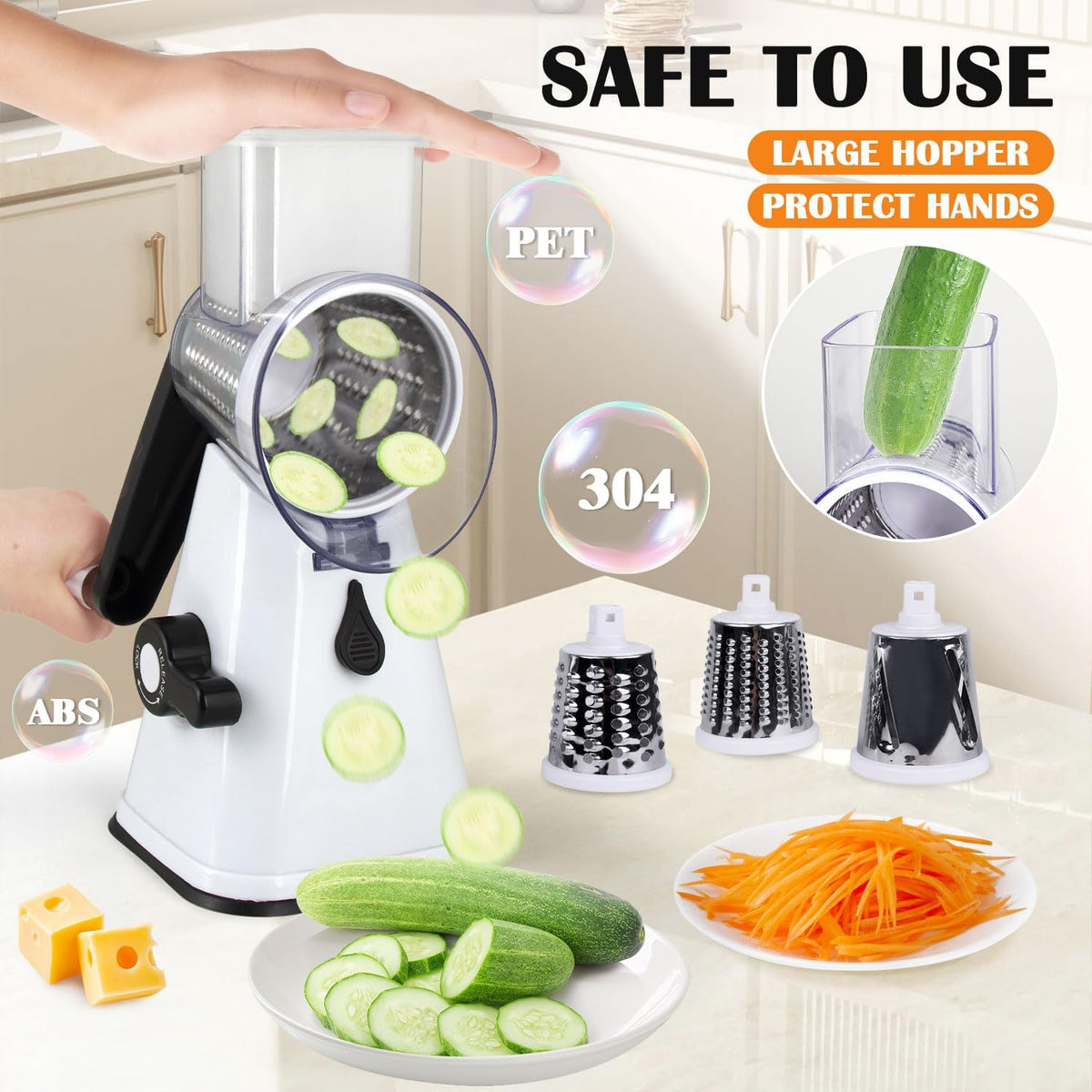 Rotary Cheese Grater Hand Crank, 3 in 1 Blades Vegetable Slicer Cheese Shredder for Vegetable, Nuts, Chocolate, Potato, Practical Kitchen Gadgets