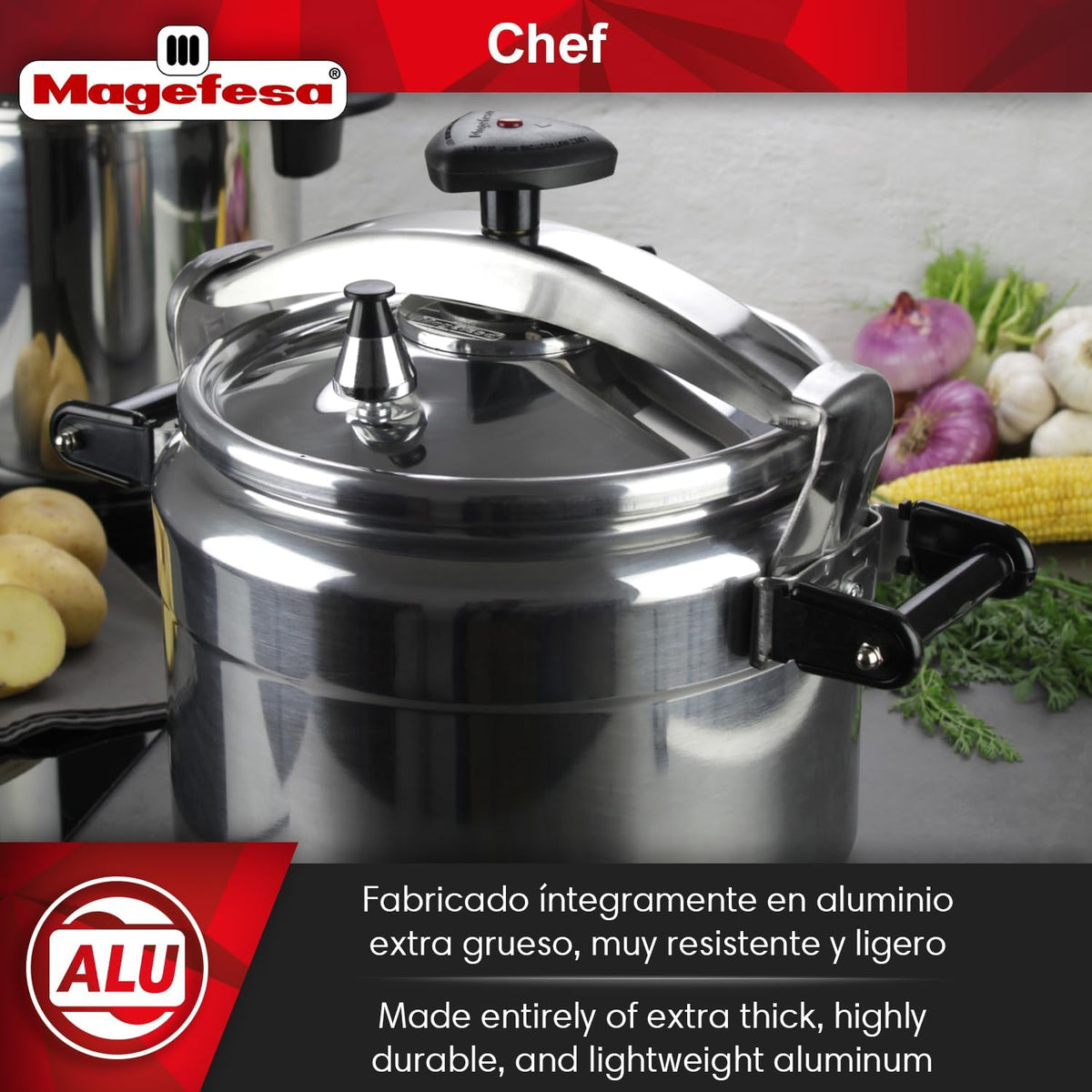 MAGEFESA Chef 16-Quart Aluminum Pressure Cooker – Stainless Steel Lid, Thermodiffusion Base, 3 Safety Systems, Fast & Even Cooking