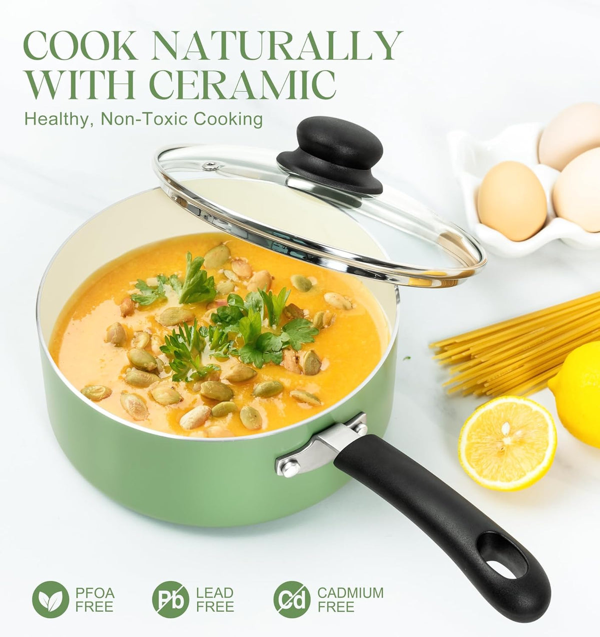 MICHELANGELO Nonstick Sauce Pan with Lid, Ceramic Saucepan Set, Non Toxic Small Saucepans Sets with Stay-Cool Handle, Induction Pots For Cooking, PTFE & PFOA Free - 1Qt & 2Qt & 3Qt, Green