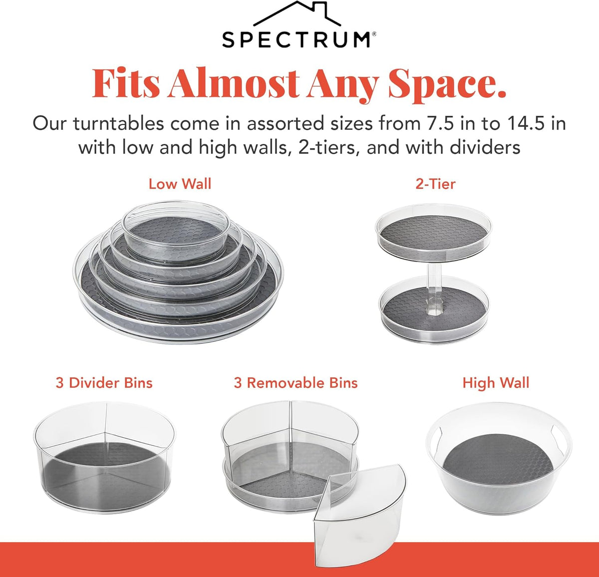 Spectrum Extra Large High Wall Turntable 12.25 in Pack of 2 Charcoal Gray XL Tall Lazy Susan Rotating Organizer for Kitchen Countertop Bath Cabinet Refrigerator Pantry Shelf Under Sink Organization