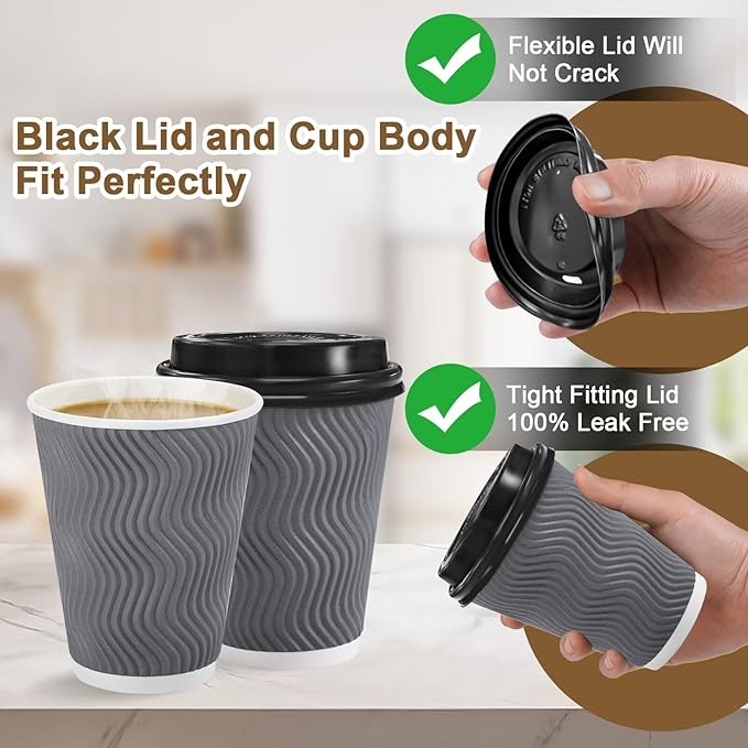 100 Pack 12 oz Disposable Coffee Cups with Lids, Insulated Ripple Wall To-Go Paper Coffee Cups Suitable for Chocolate Cocoa and Hot/Cold Drinks (Grey)