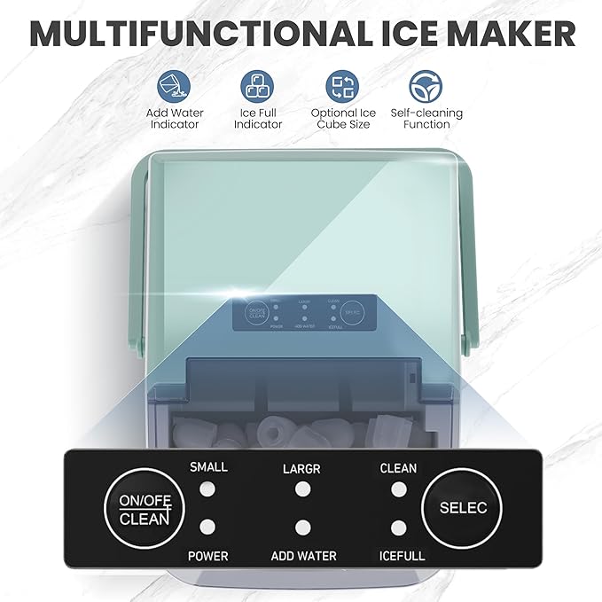 DUMOS Countertop Ice Maker with Handle, 26lbs/24H Portable Ice Machine, 9 Bullet Cubes Ready in 6 Mins, Self-Cleaning, Quiet Compact for Home, Kitchen, RV, Camping, Green