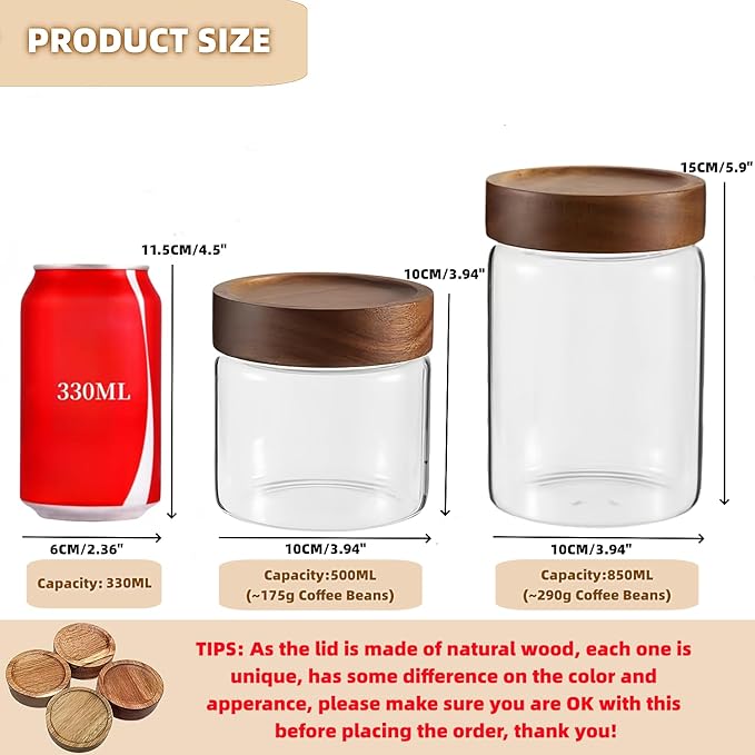 17 Fl oz/500 ml Glass Food Storage Jar, Premium Clear Glass Container Jar with Airtight Wooden Screw Lid, Kitchen Canisters for Coffee,Tea,Pasta,Cookies, Nuts,Spice,Candy,Overnight Oatmeal（Small)