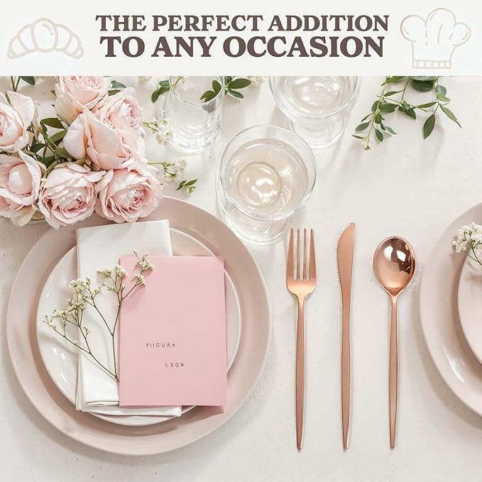 PULOTE 300PCS Rose Gold Plastic Silverware Set - Heavy Duty Rose Gold Utensils Set - Plastic Cutlery Disposable - Include 100 Knives,100 Forks and 100 Spoons for Party & Wedding