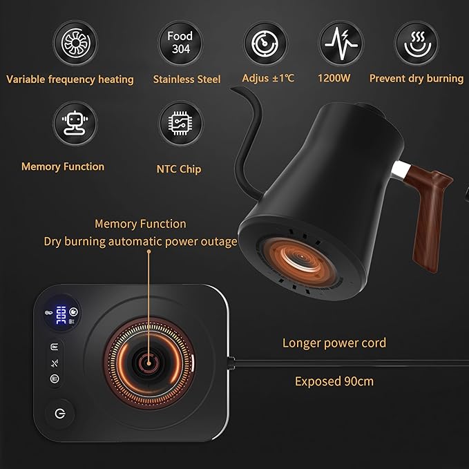 RHD Electric Gooseneck Kettle with LCD Display, Real-Time Temp Control Hot Water Boiler to Pour Over Coffee, Brew Tea, Switchable ℉/℃, 1200 Watt Quick Heating Pot, 0.9L, 304 Stainless Steel,Matt Black