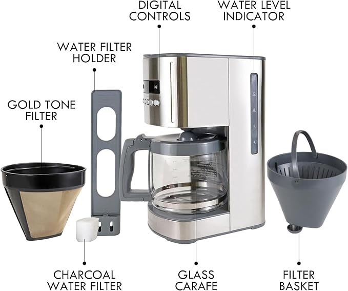 Kenmore Drip Coffee Maker - 12 Cup Programmable Cafe Machine With Glass Pot, Regular & Bold Brew, Auto Shut Off Large Water Reservoir, Reusable Filter, Kitchen Appliances For Cafeteria Barista