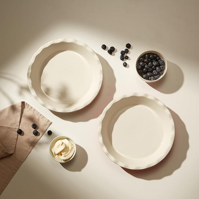 KooK Pie Pan, Ceramic Reusable Round Pie Dish, Quiche Baking Dish, Deep, Wave Edge, For Cakes, Tart, Casseroles, Tarts, Microwave, Oven and Dishwasher Safe, 9-Inch, 36 oz, Set of 2, Ivory