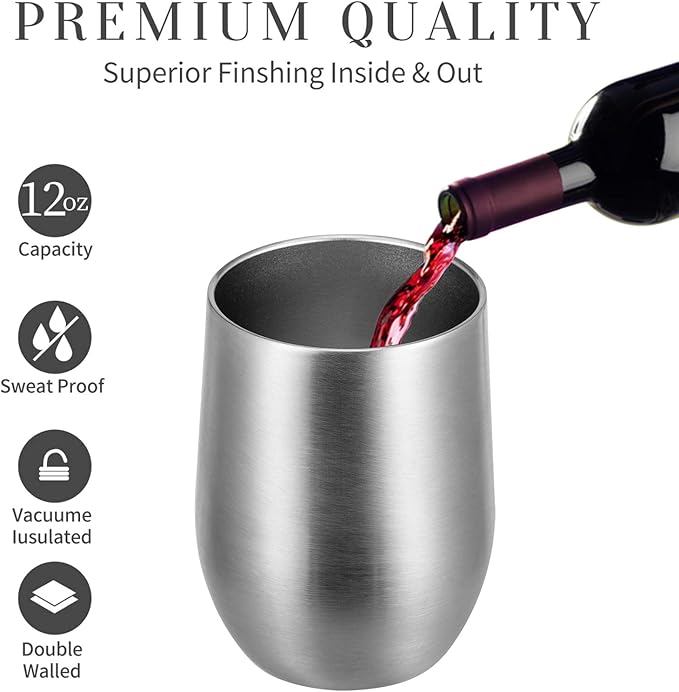 MEWAY 12oz/8 Pack Wine Tumbler Glasses with Lid - Stemless Double Wall Vacuum Stainless Steel Travel Tumbler - Keeping Cold & Hot for Wine,Coffee,Cocktails,Drinks-Family and Gifts (Silver,Set of 8)