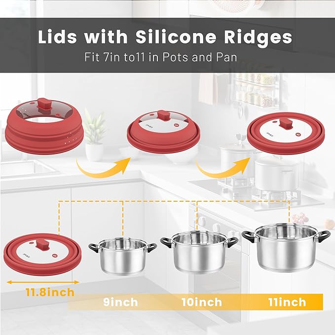 Microwave Splatter Cover, Vented Silicone and Glass Cover Splatter Guard Lid, Food Collapsible Plate Cover Lid with Easy Grip Handle. (Red, 11.8 inch)
